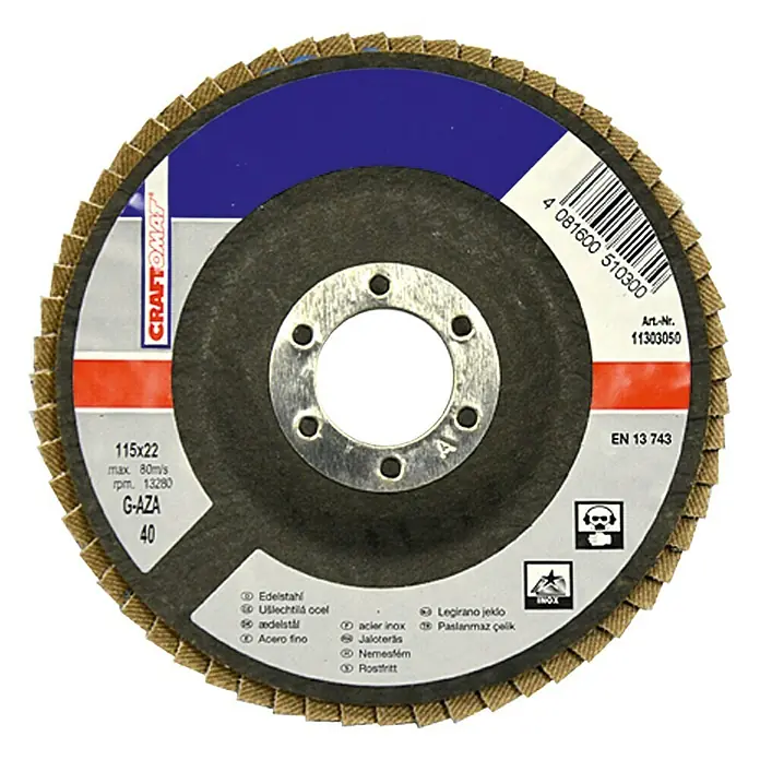 Craftomat Fächerscheibe G-AZA - 115 mm, Körnung: 40, Geeignet für: Metall - Vorderansicht