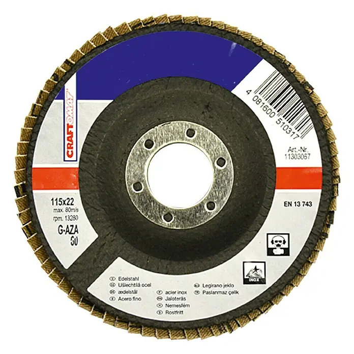Craftomat Brusna ploča za metal i drvo - 115 mm, Granulacija: 60, Prikladno za: Plemeniti čelik - Pogled sprijeda