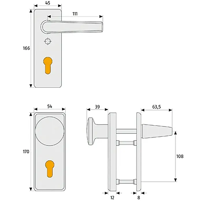 Abus Schutzbeschlag KKT 512 - Wohnungsabschlusstür, Aluminium, Türstärke: 37 mm - 47 mm, Knopf außen, Drücker innen - Vorderansicht