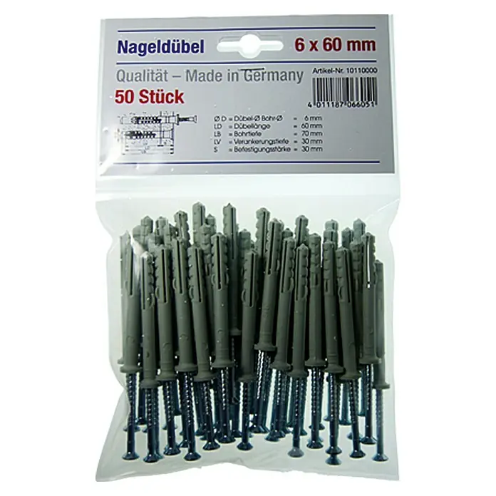 Schlagdübel - Durchmesser Dübel: 6 mm, Länge Dübel: 60 mm, 50 Stk., Nylon - Vorderansicht