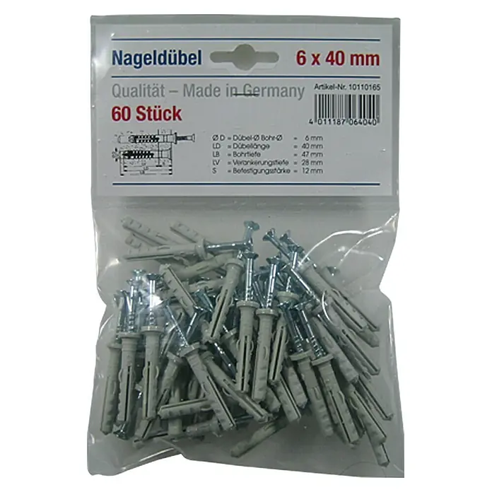 Schlagdübel - Durchmesser Dübel: 6 mm, Länge Dübel: 40 mm, 60 Stk., Nylon - Vorderansicht