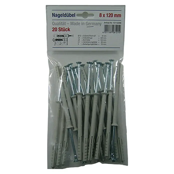 Schlagdübel - Durchmesser Dübel: 8 mm, Länge Dübel: 120 mm, 20 Stk., Nylon - Vorderansicht