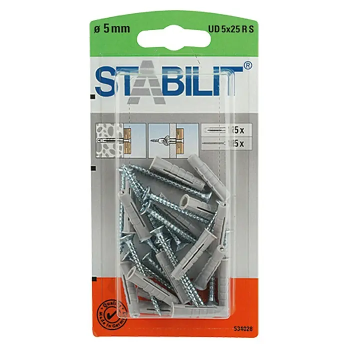 Stabilit Set vijaka i tipli - Promjer tiple: 5 mm, Duljina tiple: 25 mm, 15 kom, S vijcima - Pogled sprijeda