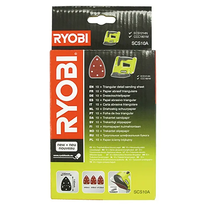 Ryobi Haftschleifscheiben SCS 10 A - Passend für: Ryobi ONE+ Akku-Deltaschleifer CCC1801M, Ryobi Elektro-Schwingschleifer ECS1214N, Ryobi ONE+ Akku-Delta-Vibrationsschleifer R18PS-0, 10 Stk. - Vorderansicht