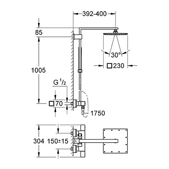 Grohe Duschsystem Euphoria Cube XXL - Mit Thermostatarmatur, Lochabstand: 100,5 cm, Anzahl Strahlarten: 1 Stk., Chrom - Vorderansicht