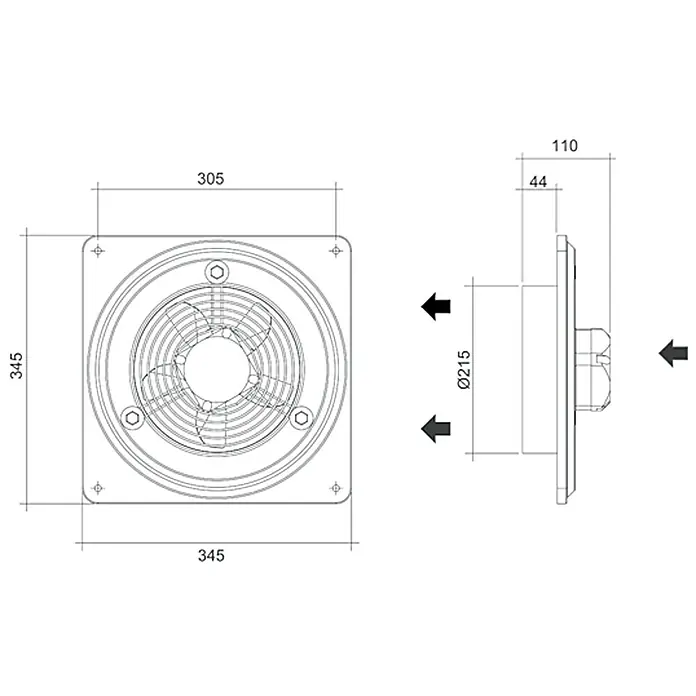 Air-Circle Außenwand-Ventilator Basic 200 - Durchmesser: 215 mm, Max. Luftleistung: 518 m³/h, Grau - Vorderansicht