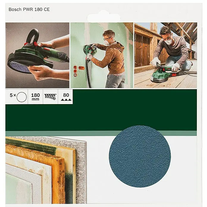 Bosch Hoja de lija - Diámetro: 180 mm, Grano: 80, 5 ud. - Vista frontal