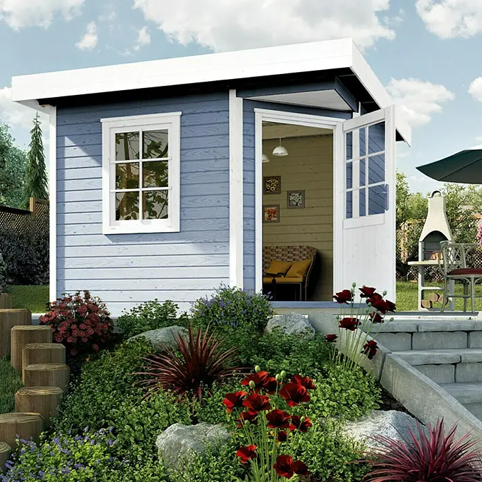 Weka Blockbohlenhaus Fides I - Grau, 5,66 m², 28 mm, Flachdach - Vorderansicht