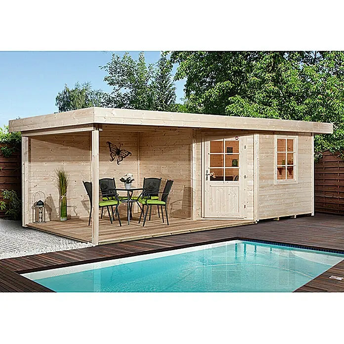Weka Blockbohlenhaus Fides III - Natur, 12,88 m², 28 mm, Flachdach - Vorderansicht