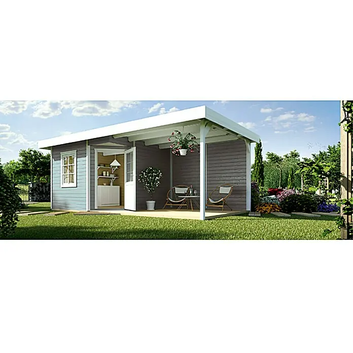 Weka Blockbohlenhaus Fides III - Grau, 12,88 m², 28 mm, Flachdach - Stimmungsaufnahme