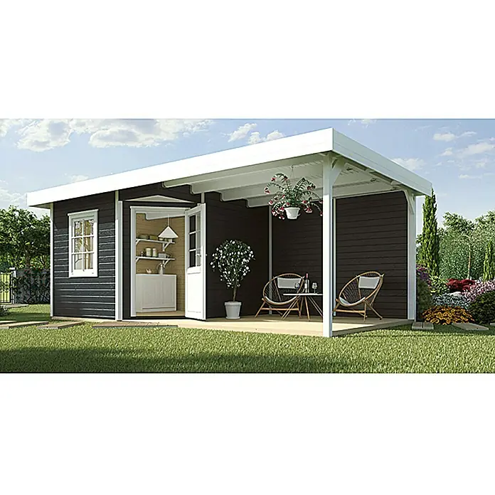 Weka Blockbohlenhaus Fides III - Anthrazit, 12,88 m², 28 mm, Flachdach - Vorderansicht