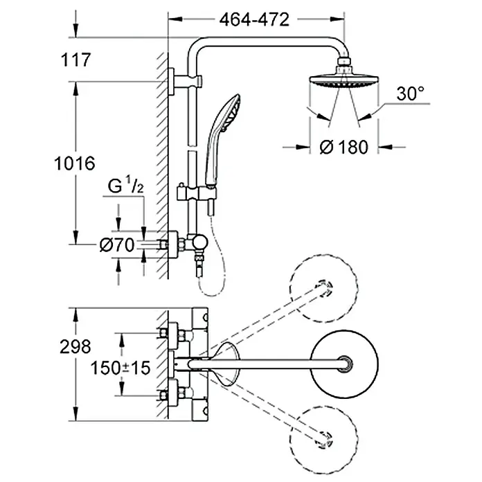 Grohe Sustav tuš garniture Euphoria - Razmak provrta: 101,1 cm, Broj vrsta mlaza: 3 Kom., Krom - Pogled sprijeda