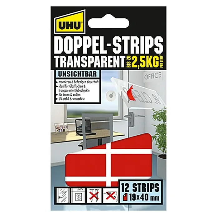 UHU Doppel-Strips Transparent - 12 Stk., 40 x 19 mm - Vorderansicht