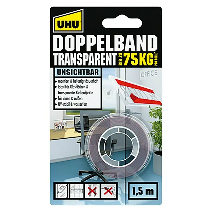 UHU Doppelband Transparent - L x B: 1,5 m x 19 mm - Vorderansicht