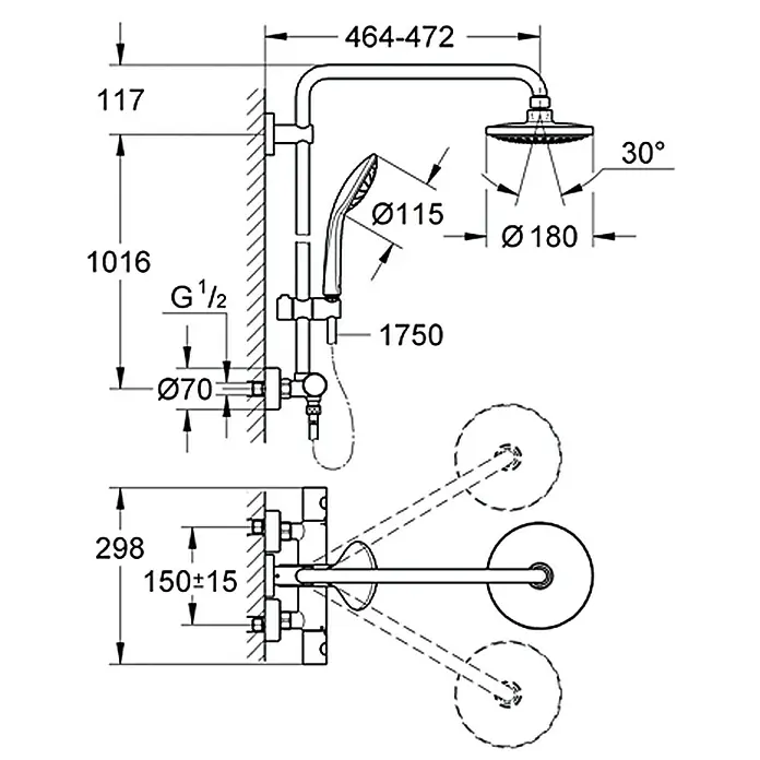 Grohe Duschsystem Tempesta - Mit Thermostatarmatur, Lochabstand: 101,6 cm, Anzahl Strahlarten: 2 Stk., Chrom - Vorderansicht