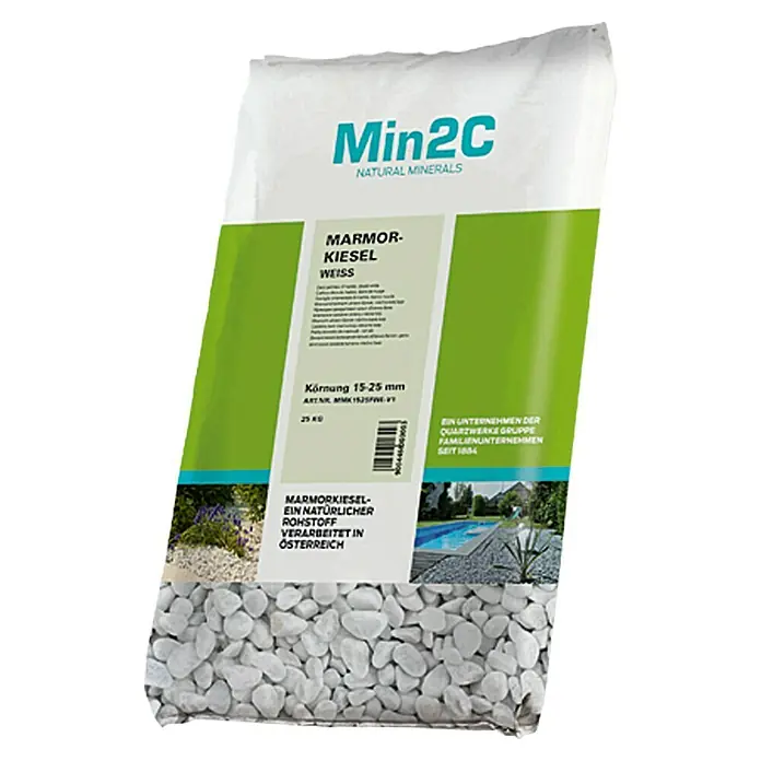 Min2C Ukrasni kamenčići - Bijele boje, Granulacija: 15 mm - 25 mm, 25 kg - Pogled sprijeda