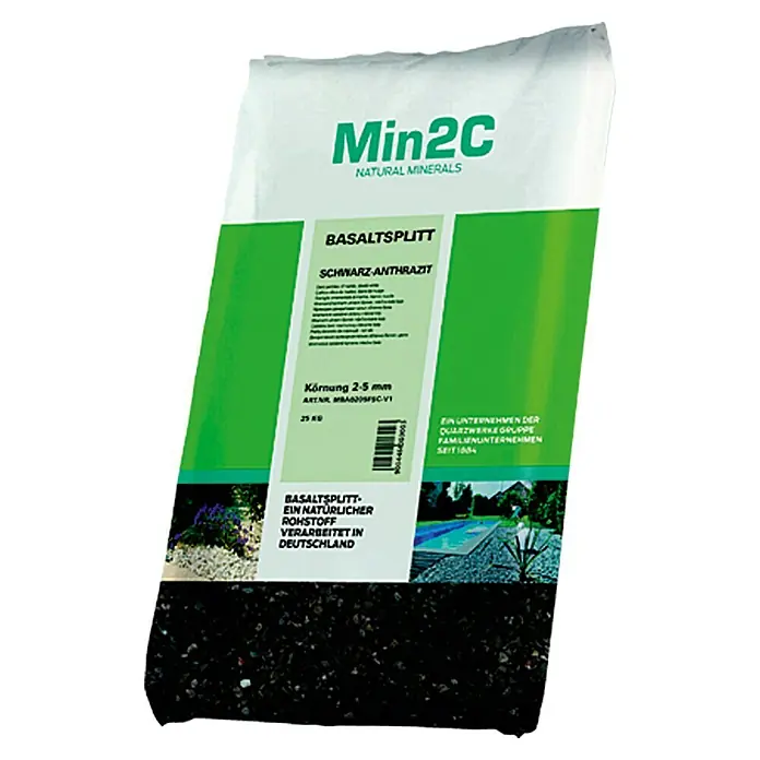 Min2C Basaltsplitt - Schwarz, Körnung: 2 mm - 5 mm, 25 kg - Vorderansicht