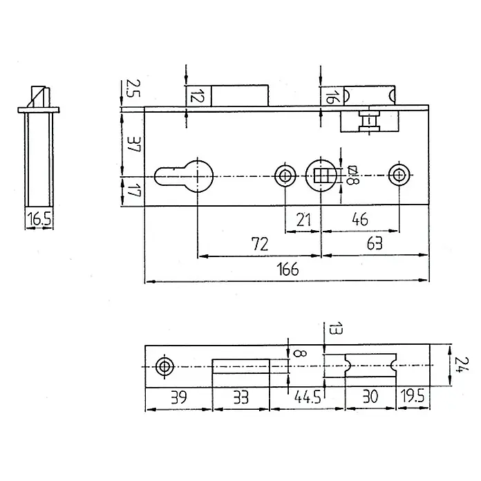 Einsteckschloss - Links/Rechts, Dornmaß: 40 mm - Ansicht von oben