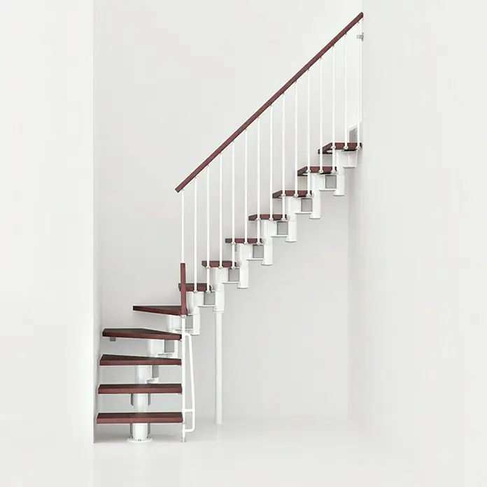 Fontanot Arké Mittelholmtreppe Kompact 74 - Breite: 74 cm, Weiß, 1/4-gewendelt, Farbe Stufen: Buche Dunkel, Geschosshöhe: 191 cm - 303 cm - Vorderansicht