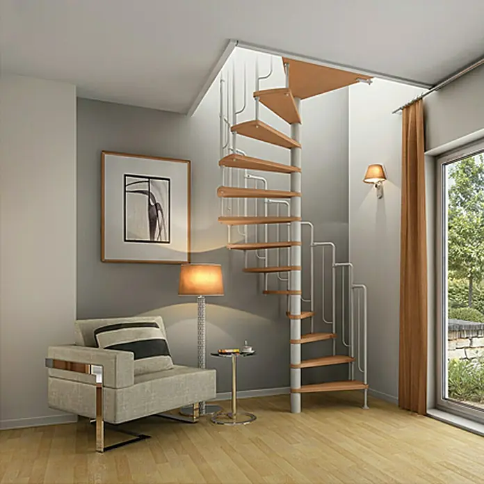 Dolle Spindeltreppe Wien - Durchmesser: 138 mm, Weiß, Farbe Stufen: Buche Natur, Geschosshöhe: 229 cm - 291 cm - Stimmungsaufnahme