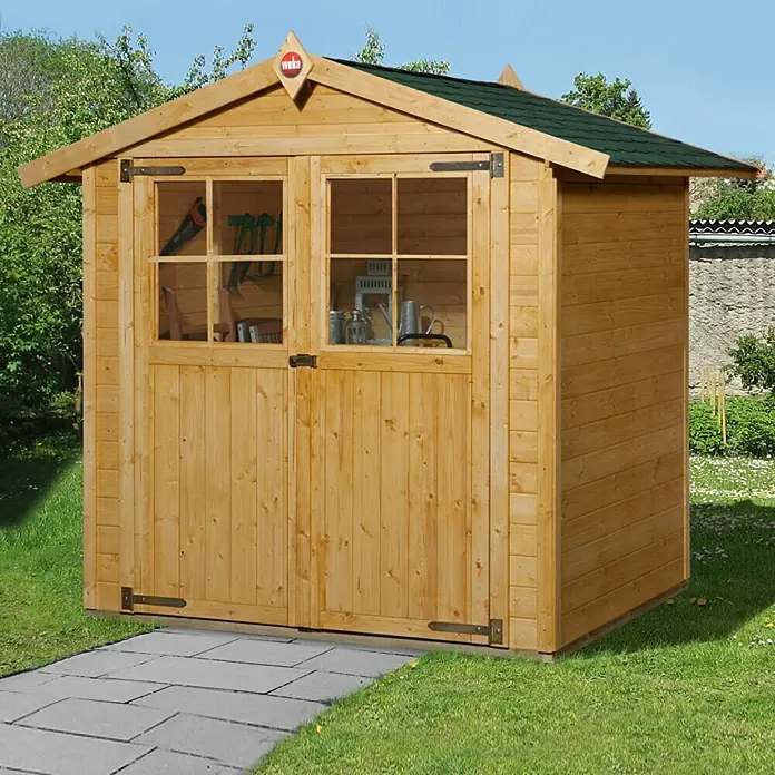 Weka Gerätehaus Classic - Außenbreite inkl. Dachüberstand: 240 cm, Außentiefe inkl. Dachüberstand: 217 cm, Holz, Natur - Vorderansicht