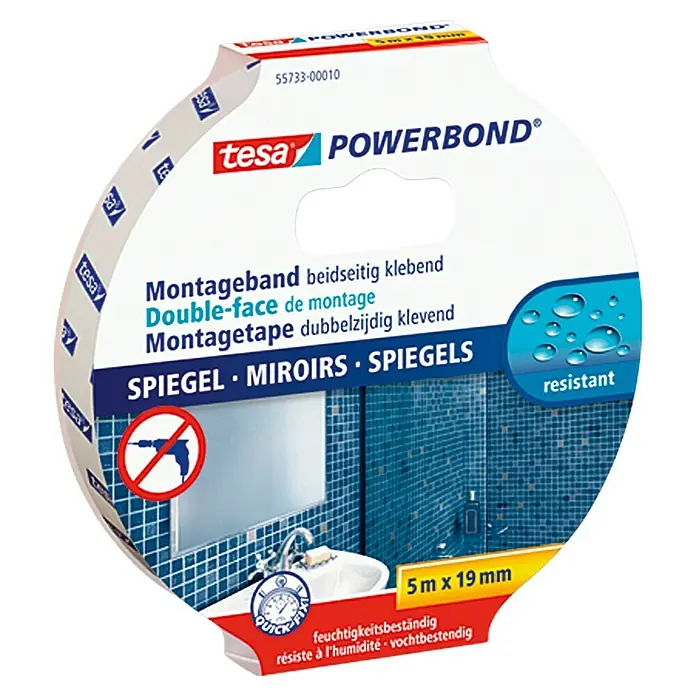 Tesa Powerbond Montageband Spiegel - 5 m x 19 mm - Linke Seitenansicht