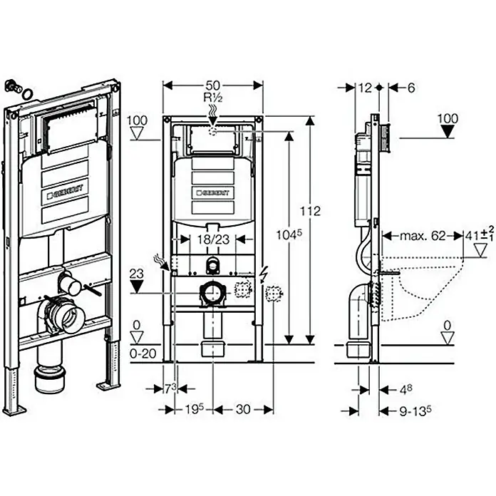 Geberit Duofix Ugradbeni vodokotlić UP320 - 2-količinsko ispiranje, 12 x 50 x 112 cm - Pogled sprijeda
