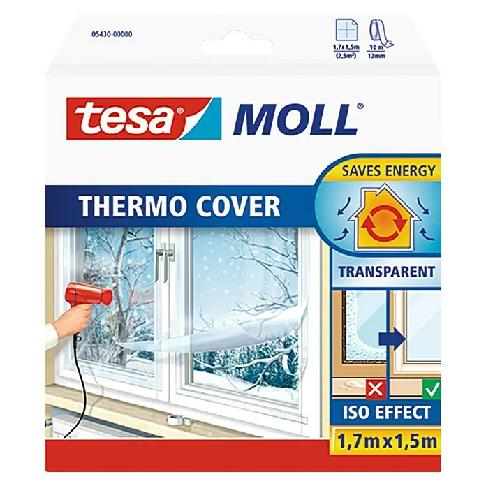 Tesa MOLL Fensterisolierfolie Thermo Cover - 1,7 x 1,5 m, Farblos, Transparent
