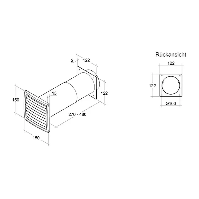 Air-Circle Teleskopska cijev za ventilaciju - Promjer spojnog dijela: 100 mm, Podesivost: 27 - 48 cm, Maksimalni protok zraka: 300 m³/h - Pogled s lijeve strane