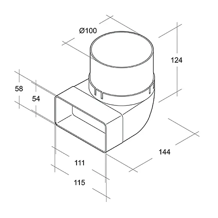 Air-Circle Okruglo-plosnato koljeno za ventilaciju - Dimenzije spojnog dijela: 111 x 54 mm, Promjer spojnog dijela: 100 mm - Pogled s lijeve strane