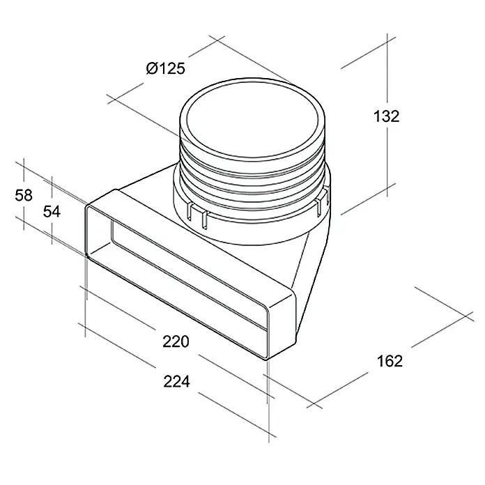 Air-Circle Koljeno za okruglu-plosnatu ventilacijsku cijev - Dimenzije spojnog dijela: 220 x 54 mm, Promjer spojnog dijela: 125 mm - Pogled s lijeve strane