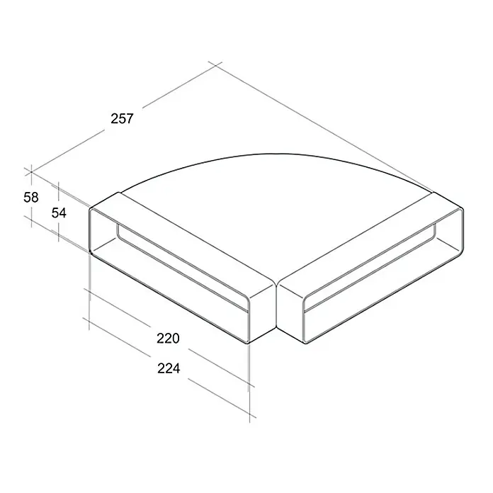 Air-Circle Plosnato koljeno za ventilaciju - 220 x 54 mm, Vodoravno - Pogled sprijeda