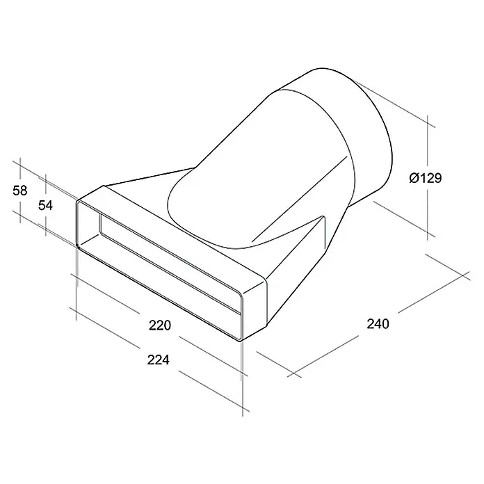 Air-Circle Prijelazni nastavak plosnate ventilacijske cijevi - Dimenzije spojnog dijela: 220 x 54 mm, Promjer spojnog dijela: 125 mm - Pogled s lijeve strane