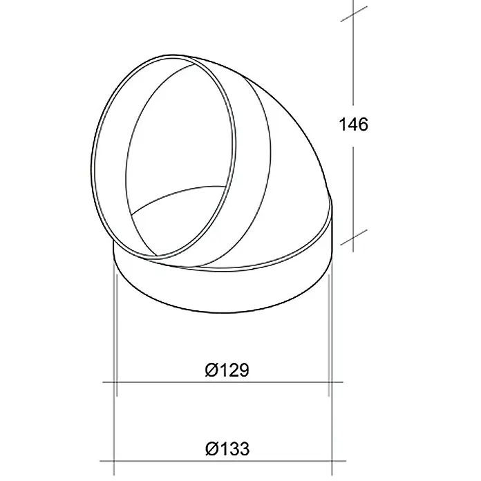 Air-Circle Luk za okruglu cijev od ventilacije - Promjer: 125 mm, Kutnik: 45 ° - Pogled s lijeve strane