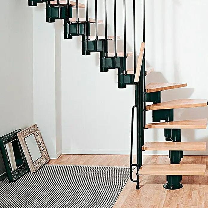 Fontanot Arké Mittelholmtreppe Kompact 74 - Breite: 74 cm, Schwarz, 1/4-gewendelt, Farbe Stufen: Buche Hell, Geschosshöhe: 191 cm - 303 cm - Vorderansicht
