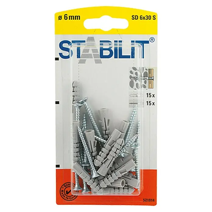 Stabilit Tipla za beton - Promjer tiple: 6 mm, Duljina tiple: 30 mm, Prikladno za: Puni građevinski materijali i cigla, 15 kom, S vijcima/kukama - Pogled sprijeda