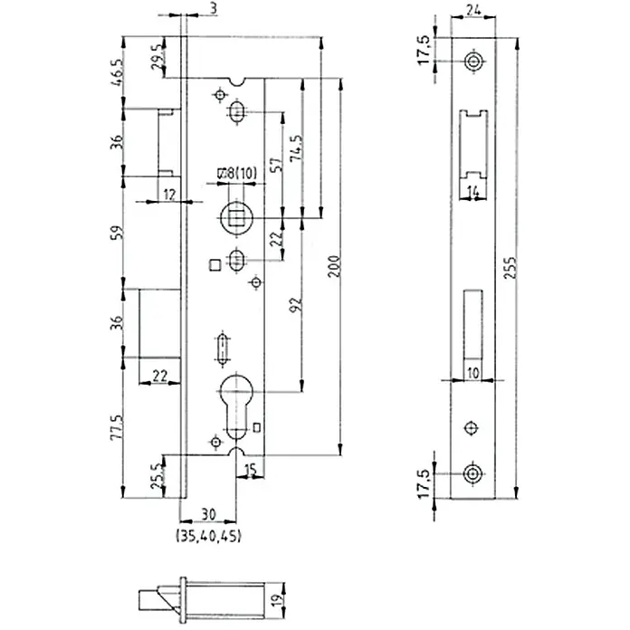 Stabilit Einsteckschloss Scuteus - Links/Rechts, Dornmaß: 35 mm - Ansicht von oben