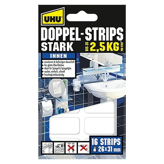 UHU Doppel-Strips Stark - 16 Stk., 26 x 31 mm, Gebrauchsfertig - Vorderansicht