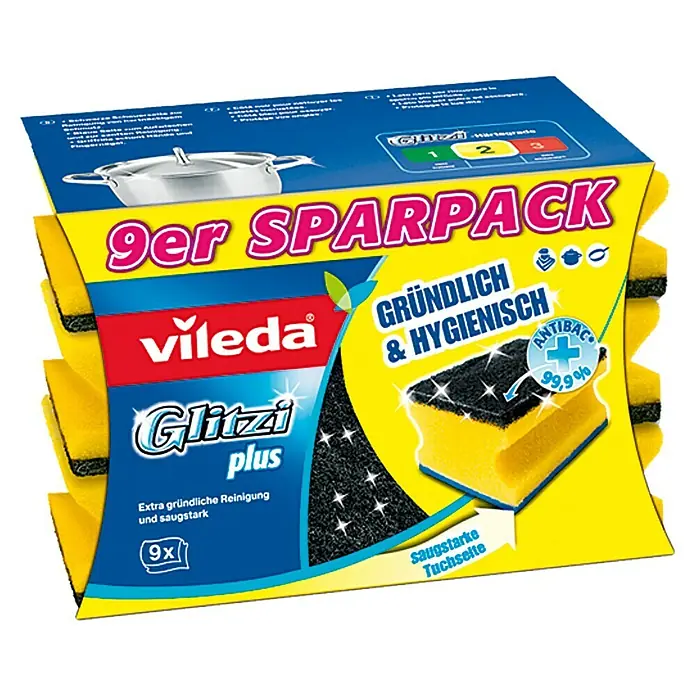 Vileda Topfreiniger Glitzi Plus - Glitzi Härtegrad: 2, 9 Stk., Antibakteriell - Vorderansicht