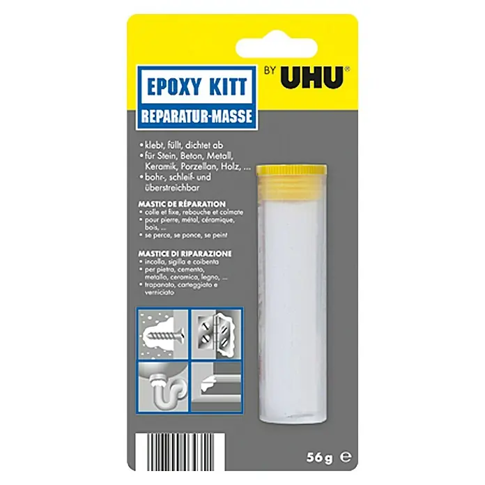 UHU Reparaturmasse Epoxy Kitt - 56 g, Stick, Grau/Weiß - Vorderansicht