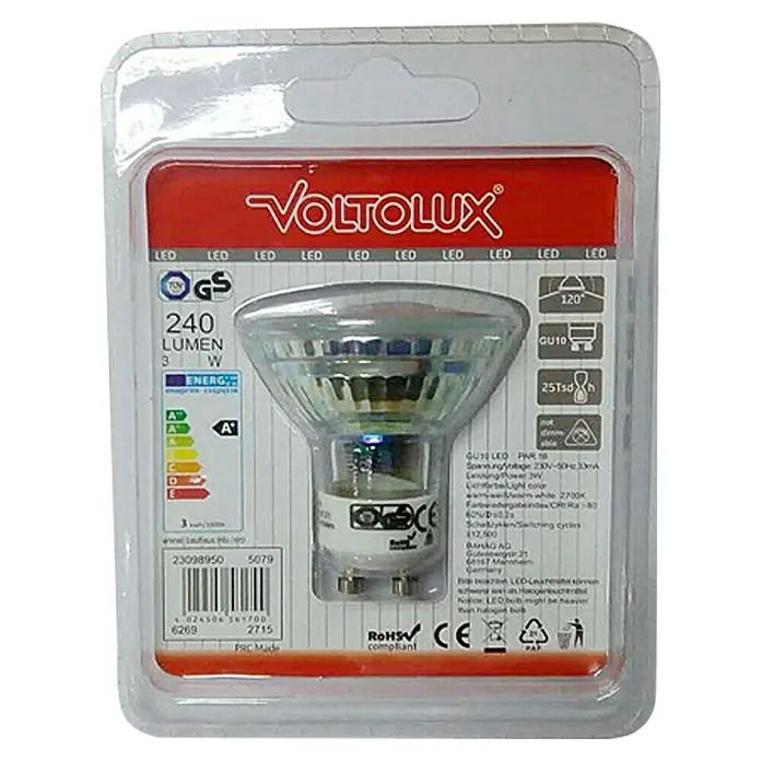Voltolux Bombilla LED - 3 W, GU10, Mate, 1 ud. - Vista frontal