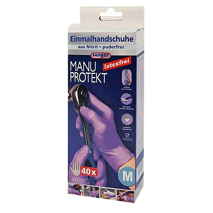 Sänger Einmalhandschuhe Manu Protekt - Größe: M, 40 Stk., Nitril, Latexfrei - Vorderansicht