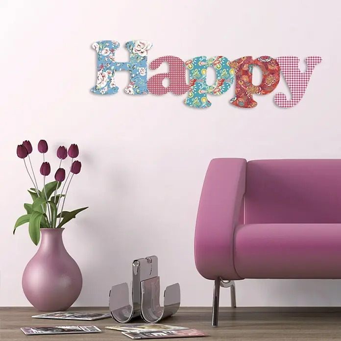 Wanddeko - Happy, Bunt, 60 x 20 cm - Vorderansicht