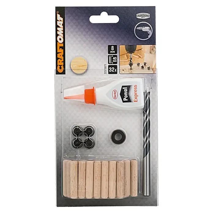Craftomat Set drvenih tipli i pribor - Ø x D: 8 x 40 mm, 32 -dij. - Pogled sprijeda