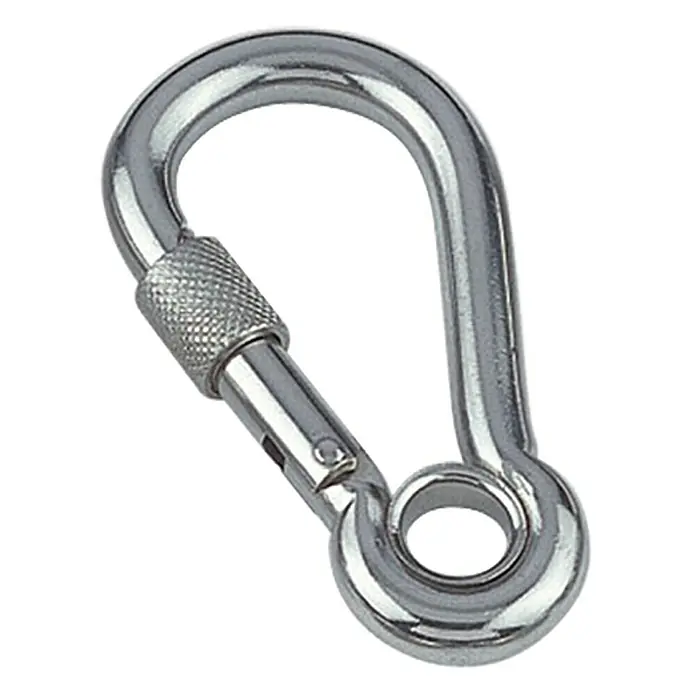 Karabinerhaken mit Sicherheitsmutter und Kausche - Ø x L: 16 x 100 mm, Bruchlast: 850 kg, Edelstahl, A4
