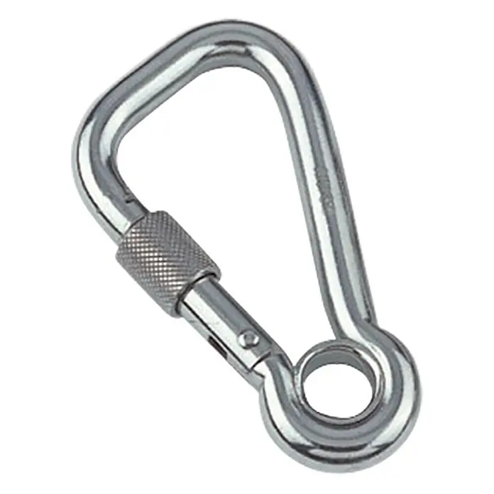 Karabinerhaken mit Sicherheitsmutter und Kausche - Ø x L: 8 x 80 mm, Bruchlast: 640 kg, Edelstahl, A4