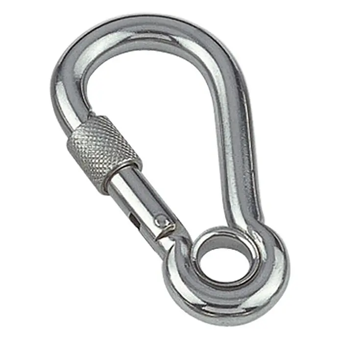 Karabinerhaken mit Sicherheitsmutter und Kausche - Ø x L: 13 x 80 mm, Bruchlast: 610 kg, Edelstahl, A4