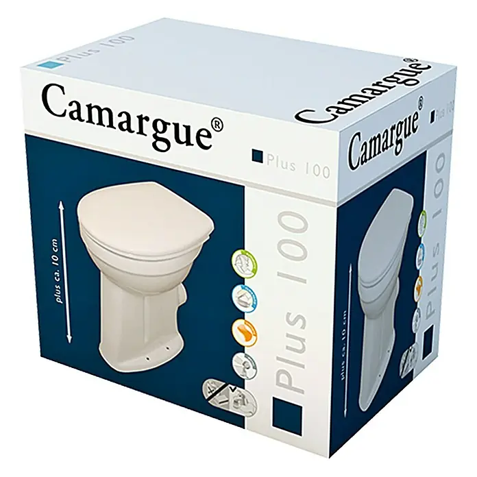 Camargue Set stajaća WC školjka s daskom Plus 100 - S rubom za pranje, Bez posebne glazure, Oblik ispiranja: Plosnato, WC odvod: Vodoravno, Bijele boje