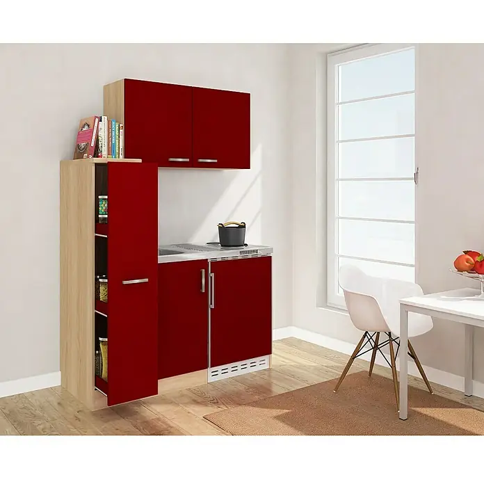 Respekta Miniküche MK130ESROSS - Breite: 130 cm, Mit Duo-Kochmulde, Rot