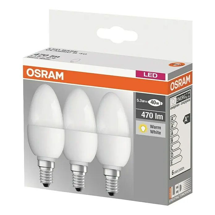Osram LED-Leuchtmittel Classic B40 - 3 Stk., 5,3 W, E14, Warmweiß